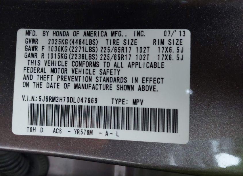 Photo 9 of 2013 Honda Cr-v EX-L (VIN 5J6RM3H70DL047669)