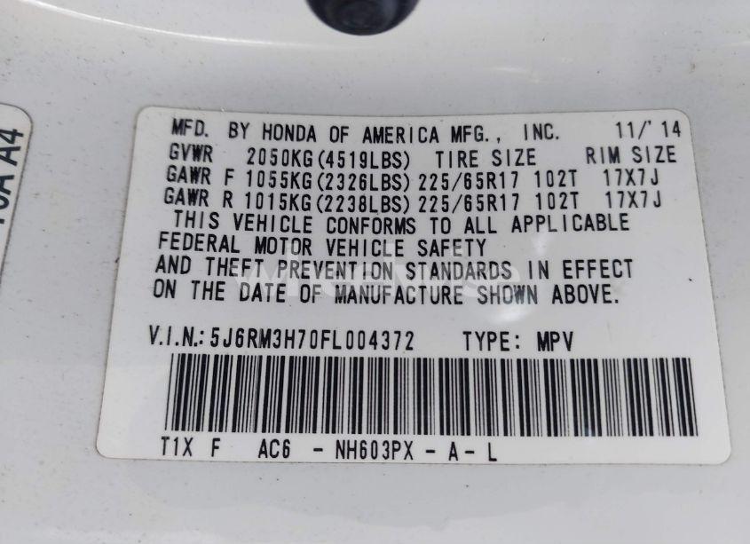 Photo 9 of 2015 Honda Cr-v EX-L (VIN 5J6RM3H70FL004372)