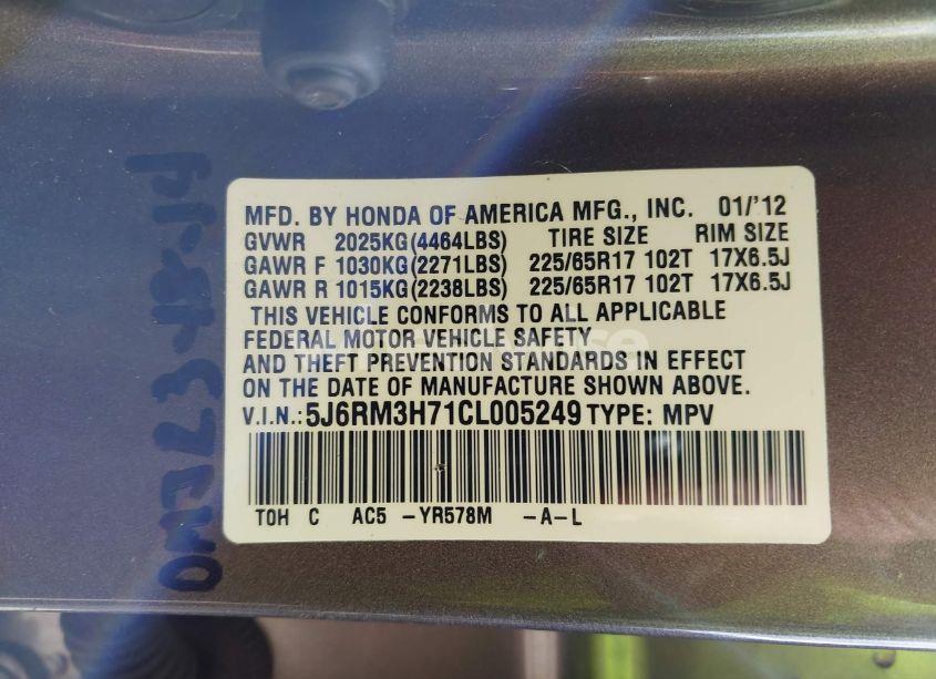 Photo 9 of 2012 Honda Cr-v EX-L (VIN 5J6RM3H71CL005249)