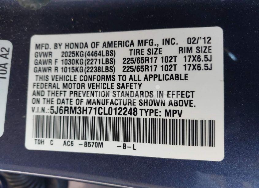 Photo 9 of 2012 Honda Cr-v EX-L (VIN 5J6RM3H71CL012248)