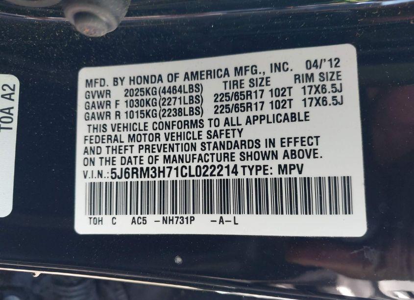 Photo 9 of 2012 Honda Cr-v EX-L (VIN 5J6RM3H71CL022214)