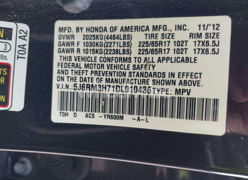 Photo 9 of 2013 Honda Cr-v EX-L (VIN 5J6RM3H71DL010436)