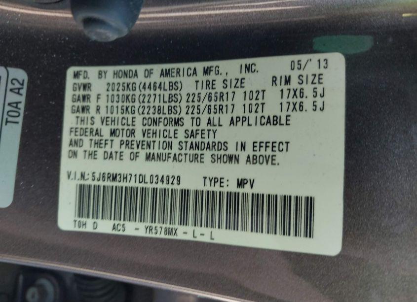 Photo 9 of 2013 Honda Cr-v EX-L (VIN 5J6RM3H71DL034929)