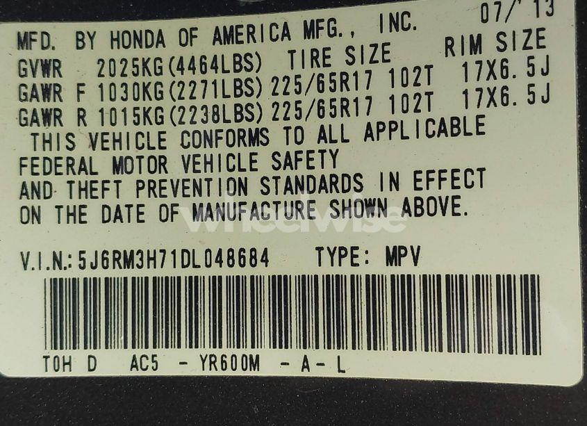 Photo 9 of 2013 Honda Cr-v EX-L (VIN 5J6RM3H71DL048684)