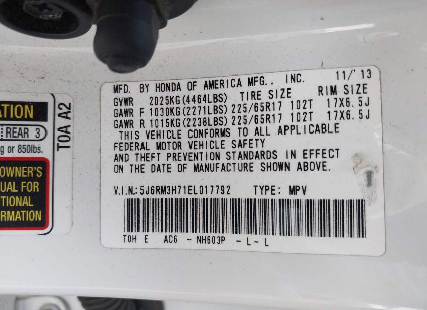 Photo 9 of 2014 Honda Cr-v EX-L (VIN 5J6RM3H71EL017792)