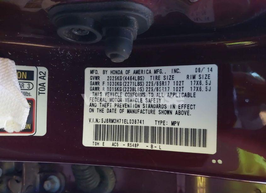 Photo 9 of 2014 Honda Cr-v EX-L (VIN 5J6RM3H71EL038741)