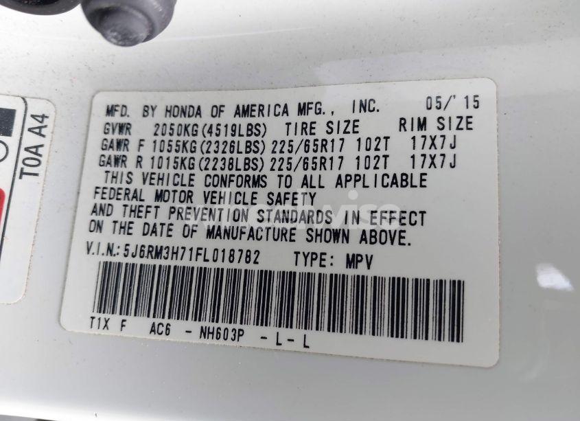 Photo 9 of 2015 Honda Cr-v EX-L (VIN 5J6RM3H71FL018782)