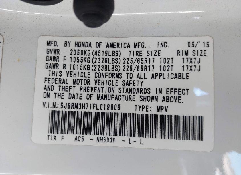 Photo 9 of 2015 Honda Cr-v EX-L (VIN 5J6RM3H71FL019009)