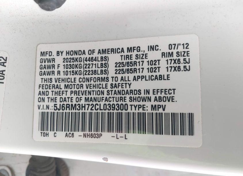 Photo 9 of 2012 Honda Cr-v EX-L (VIN 5J6RM3H72CL039300)