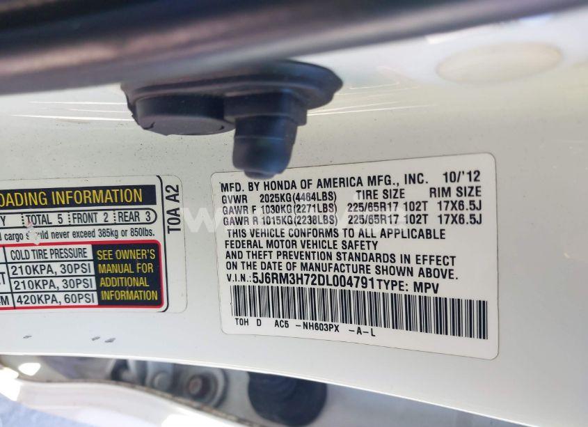 Photo 9 of 2013 Honda Cr-v EX-L (VIN 5J6RM3H72DL004791)