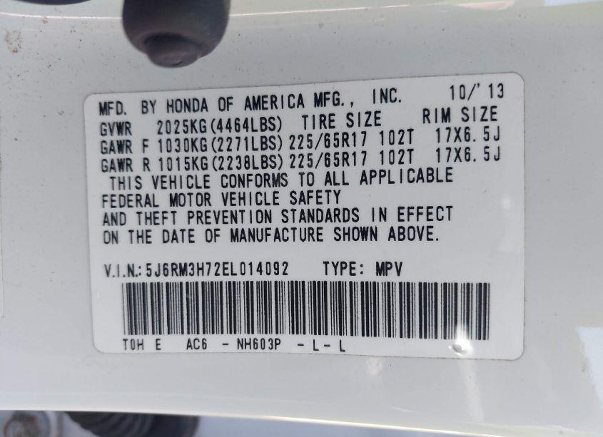 Photo 9 of 2014 Honda Cr-v EX-L (VIN 5J6RM3H72EL014092)