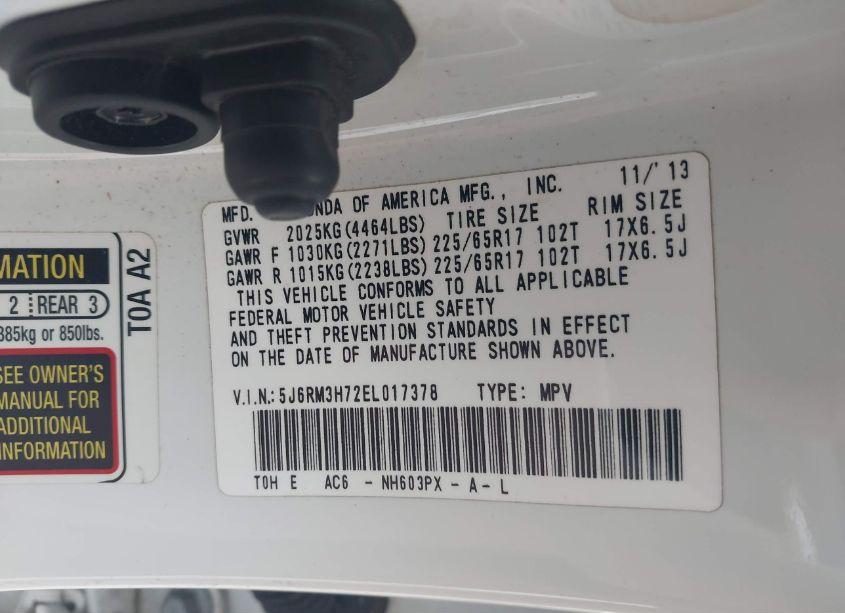 Photo 9 of 2014 Honda Cr-v EX-L (VIN 5J6RM3H72EL017378)