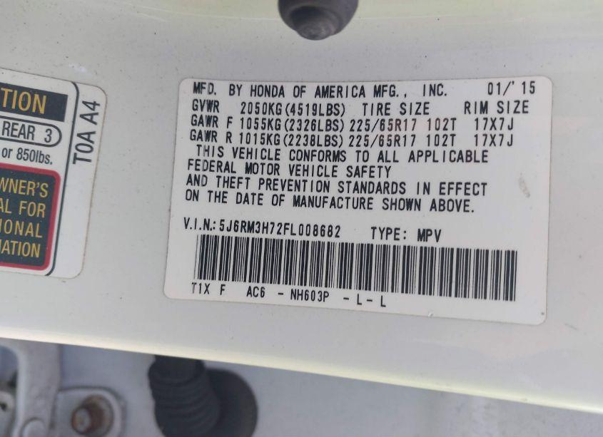 Photo 9 of 2015 Honda Cr-v EX-L (VIN 5J6RM3H72FL008682)