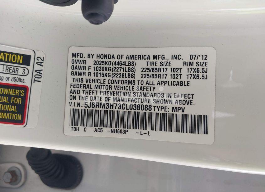 Photo 9 of 2012 Honda Cr-v EX-L (VIN 5J6RM3H73CL038088)