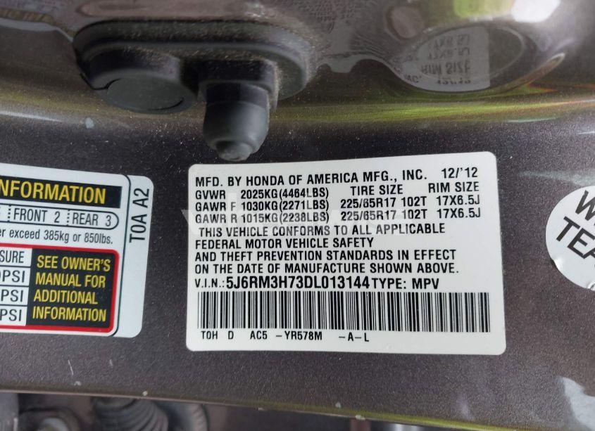 Photo 9 of 2013 Honda Cr-v EX-L (VIN 5J6RM3H73DL013144)