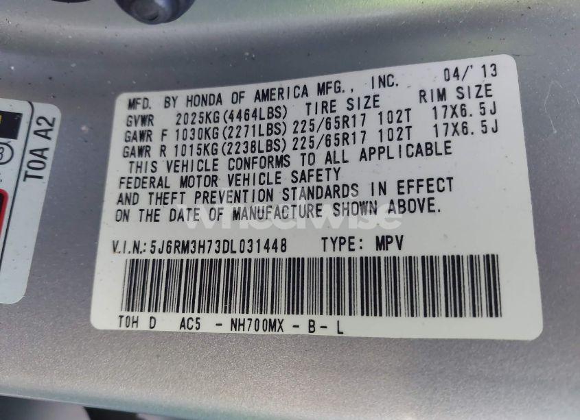 Photo 9 of 2013 Honda Cr-v EX-L (VIN 5J6RM3H73DL031448)