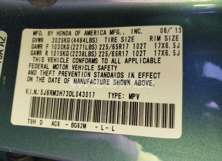 Photo 9 of 2013 Honda Cr-v EX-L (VIN 5J6RM3H73DL043017)