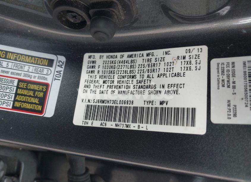 Photo 9 of 2014 Honda Cr-v EX-L (VIN 5J6RM3H73EL006938)