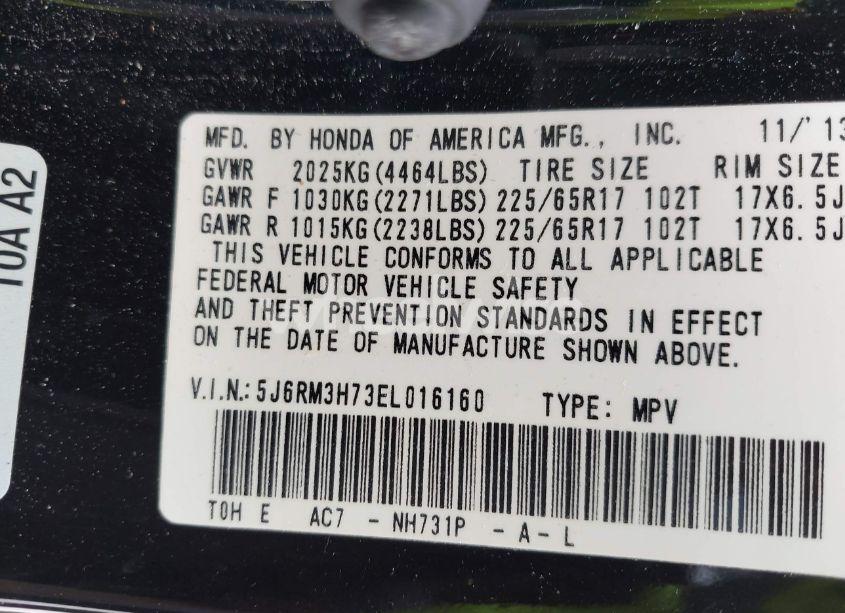 Photo 9 of 2014 Honda Cr-v EX-L (VIN 5J6RM3H73EL016160)