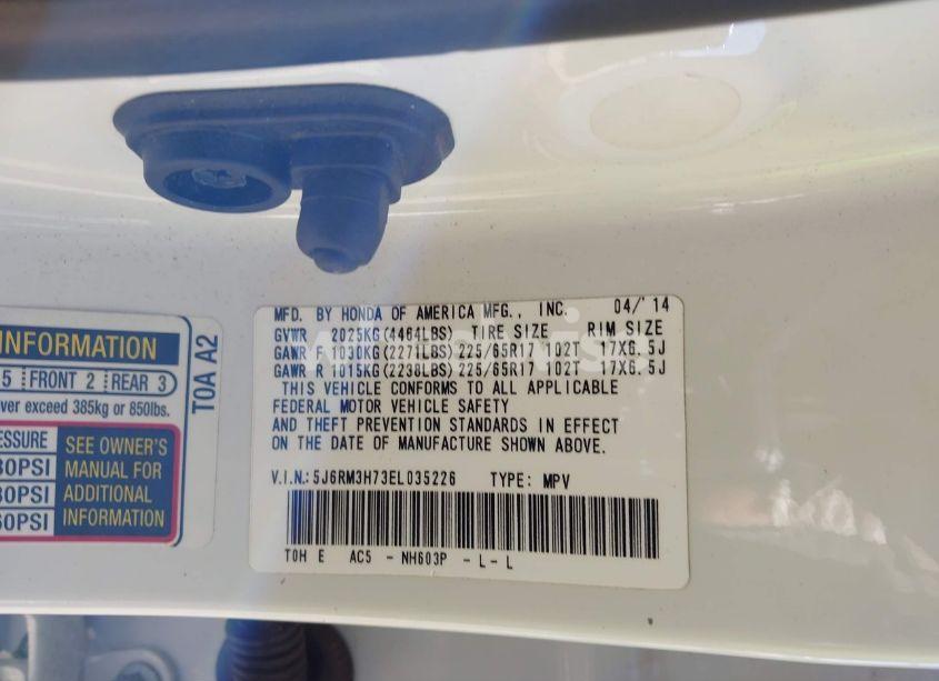 Photo 9 of 2014 Honda Cr-v EX-L (VIN 5J6RM3H73EL035226)