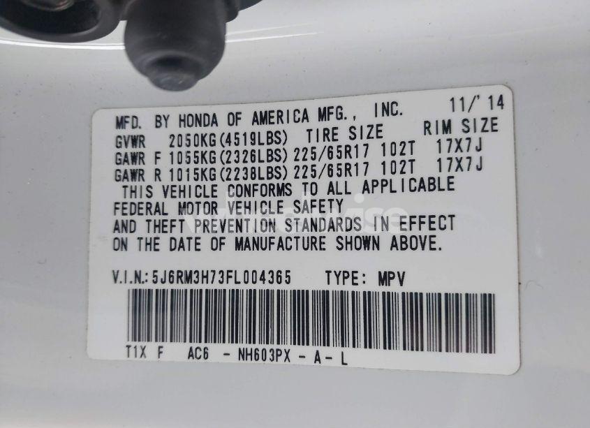 Photo 9 of 2015 Honda Cr-v EX-L (VIN 5J6RM3H73FL004365)