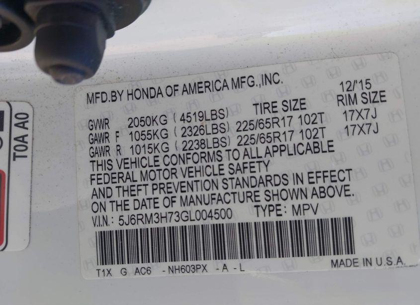 Photo 9 of 2016 Honda Cr-v EX-L (VIN 5J6RM3H73GL004500)