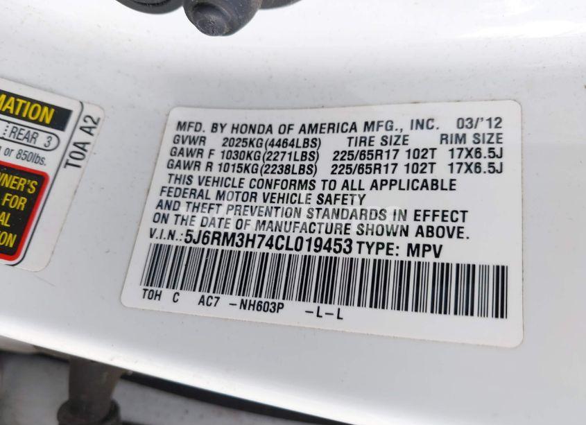 Photo 9 of 2012 Honda Cr-v EX-L (VIN 5J6RM3H74CL019453)