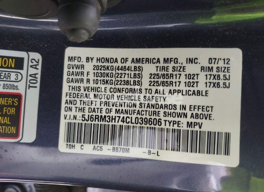 Photo 9 of 2012 Honda Cr-v EX-L (VIN 5J6RM3H74CL039606)