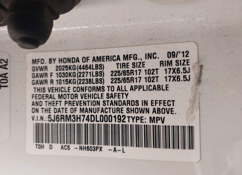 Photo 9 of 2013 Honda Cr-v EX-L (VIN 5J6RM3H74DL000192)