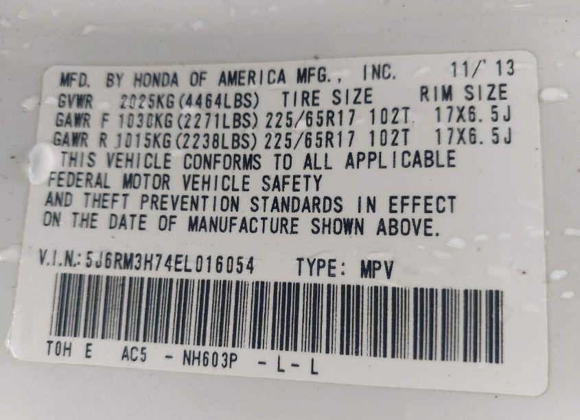 Photo 9 of 2014 Honda Cr-v EX-L (VIN 5J6RM3H74EL016054)