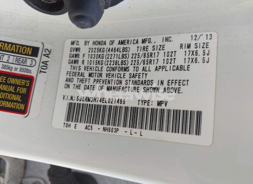 Photo 9 of 2014 Honda Cr-v EX-L (VIN 5J6RM3H74EL021495)