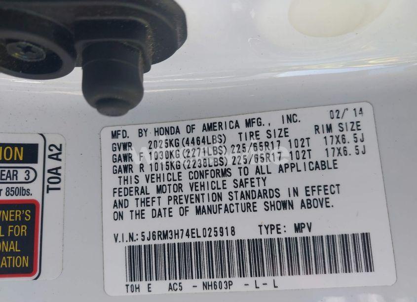 Photo 9 of 2014 Honda Cr-v EX-L (VIN 5J6RM3H74EL025918)