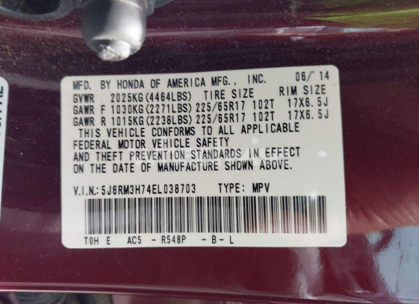 Photo 9 of 2014 Honda Cr-v EX-L (VIN 5J6RM3H74EL038703)