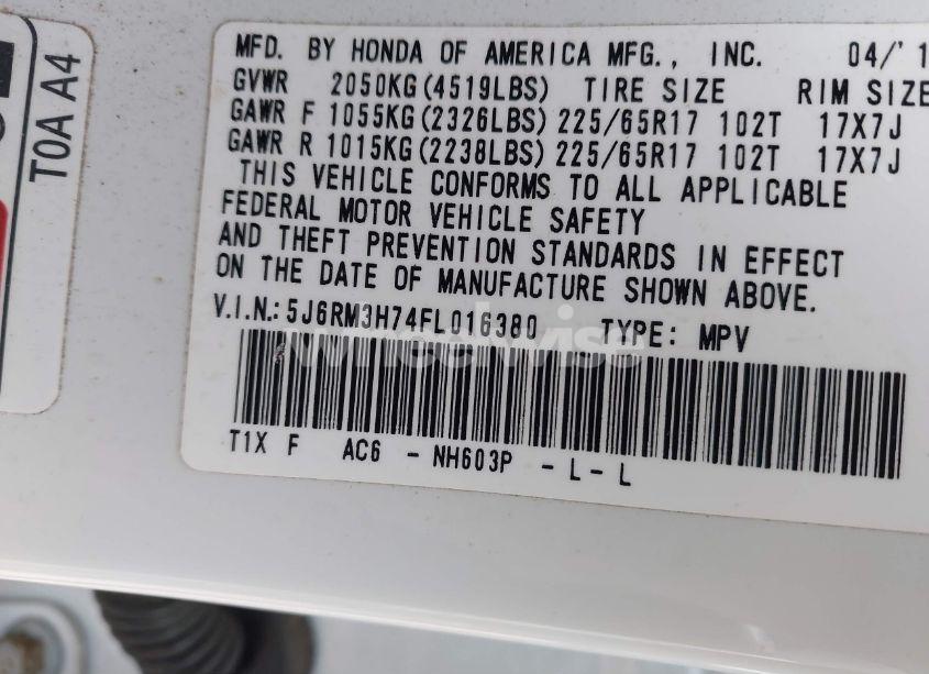 Photo 9 of 2015 Honda Cr-v EX-L (VIN 5J6RM3H74FL016380)