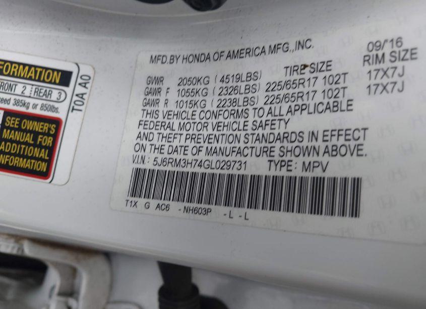 Photo 9 of 2016 Honda Cr-v EX-L (VIN 5J6RM3H74GL029731)