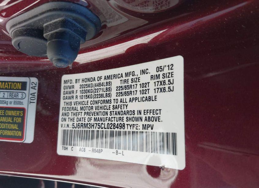 Photo 9 of 2012 Honda Cr-v EX-L (VIN 5J6RM3H75CL028498)