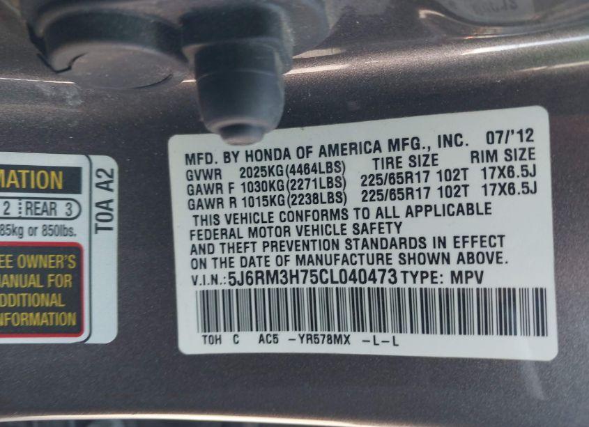 Photo 9 of 2012 Honda Cr-v EX-L (VIN 5J6RM3H75CL040473)