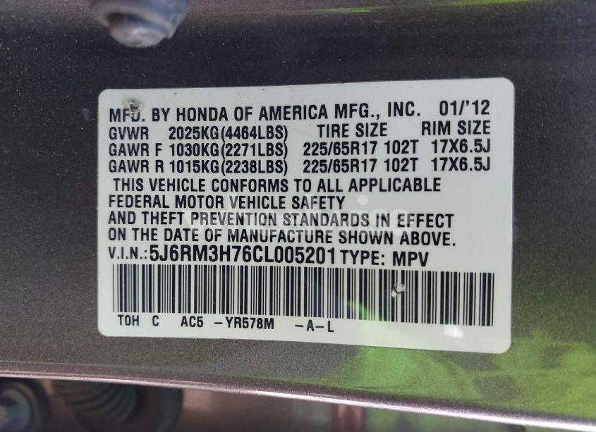 Photo 9 of 2012 Honda Cr-v EX-L (VIN 5J6RM3H76CL005201)