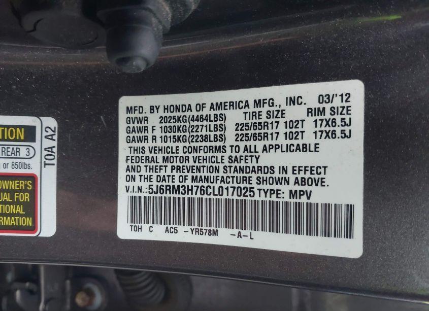 Photo 9 of 2012 Honda Cr-v EX-L (VIN 5J6RM3H76CL017025)