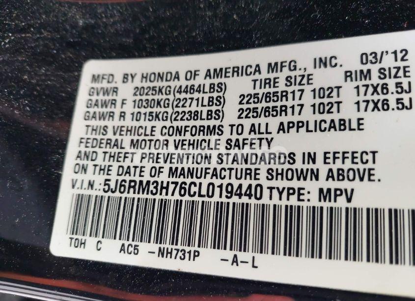 Photo 9 of 2012 Honda Cr-v EX-L (VIN 5J6RM3H76CL019440)