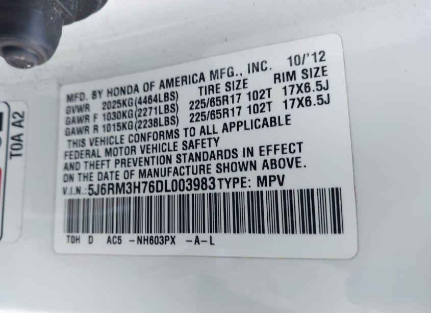 Photo 9 of 2013 Honda Cr-v EX-L (VIN 5J6RM3H76DL003983)