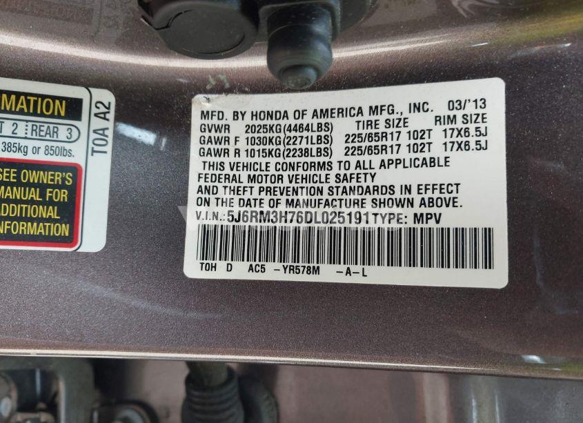 Photo 9 of 2013 Honda Cr-v EX-L (VIN 5J6RM3H76DL025191)