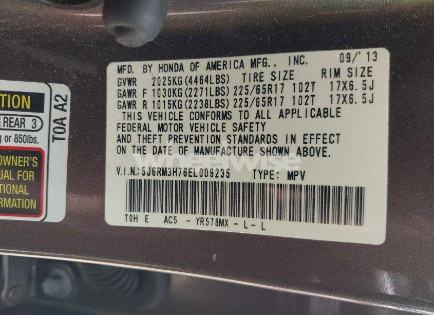 Photo 9 of 2014 Honda Cr-v EX-L (VIN 5J6RM3H76EL009235)