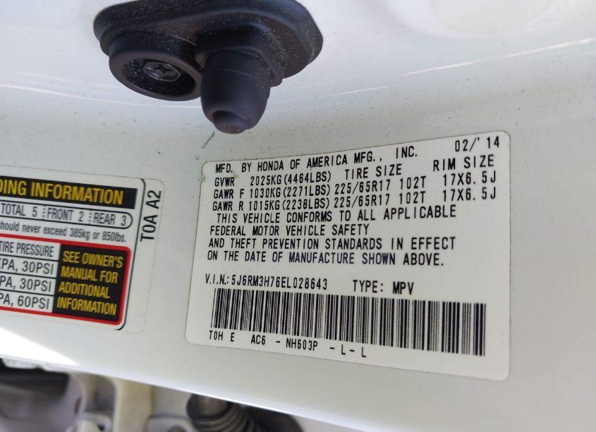 Photo 9 of 2014 Honda Cr-v EX-L (VIN 5J6RM3H76EL028643)
