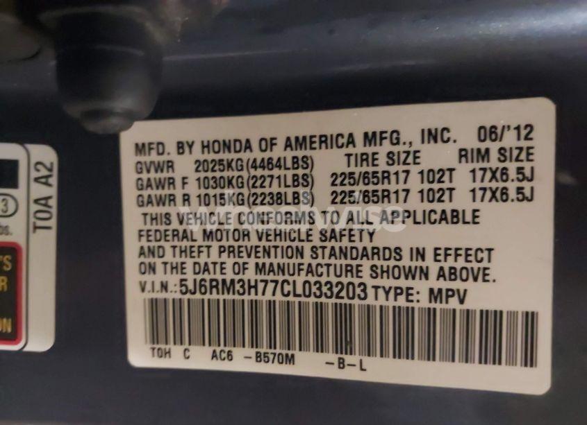 Photo 9 of 2012 Honda Cr-v EX-L (VIN 5J6RM3H77CL033203)