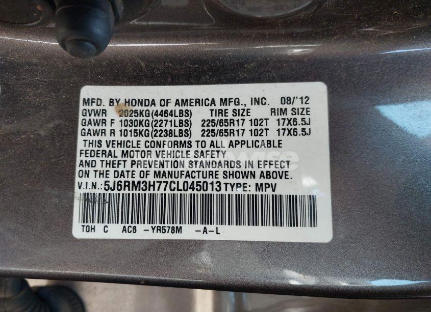 Photo 9 of 2012 Honda Cr-v EX-L (VIN 5J6RM3H77CL045013)