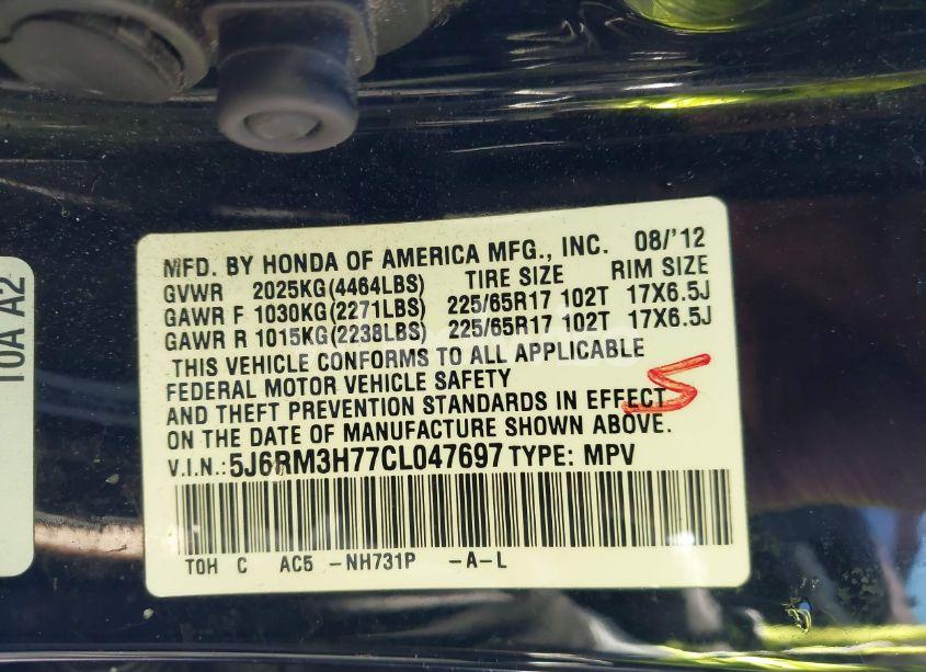 Photo 9 of 2012 Honda Cr-v EX-L (VIN 5J6RM3H77CL047697)