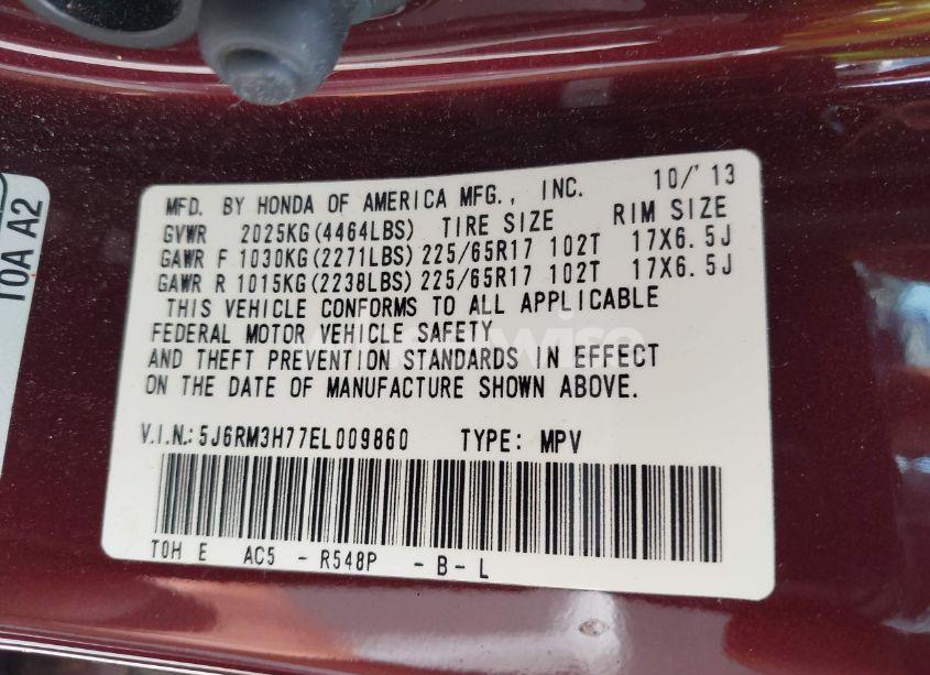 Photo 9 of 2014 Honda Cr-v EX-L (VIN 5J6RM3H77EL009860)