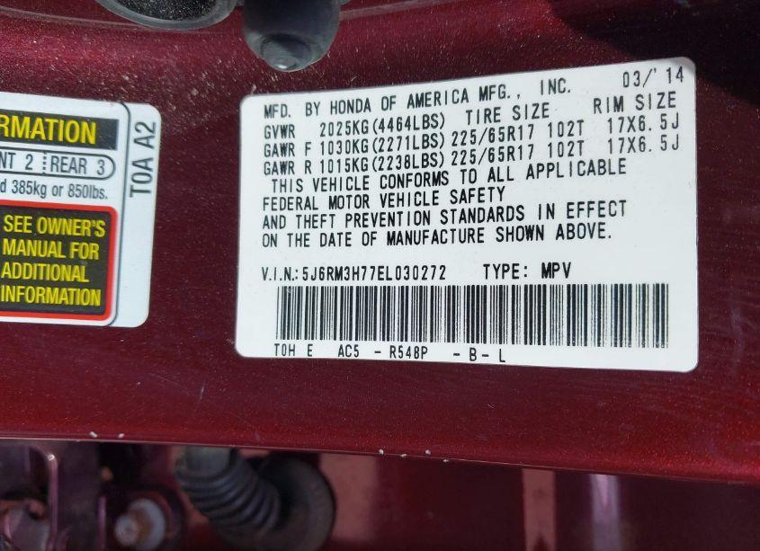 Photo 9 of 2014 Honda Cr-v EX-L (VIN 5J6RM3H77EL030272)