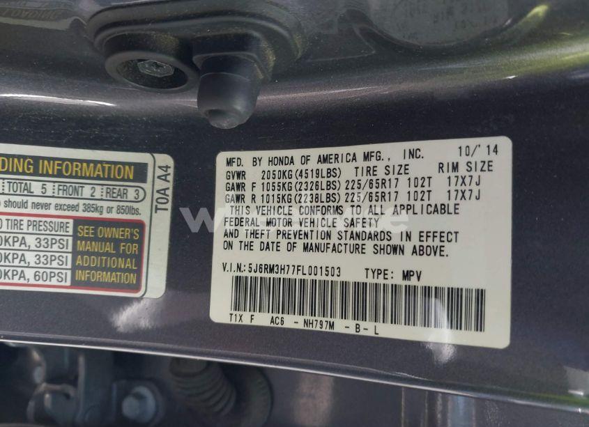 Photo 9 of 2015 Honda Cr-v EX-L (VIN 5J6RM3H77FL001503)